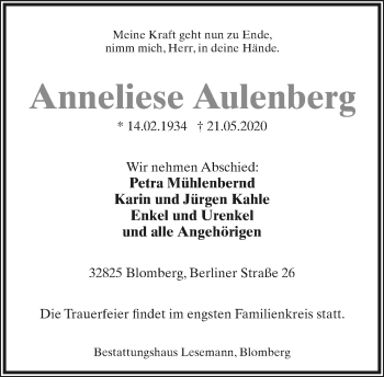 Anzeige  Anneliese Aulenberg  Lippische Landes-Zeitung