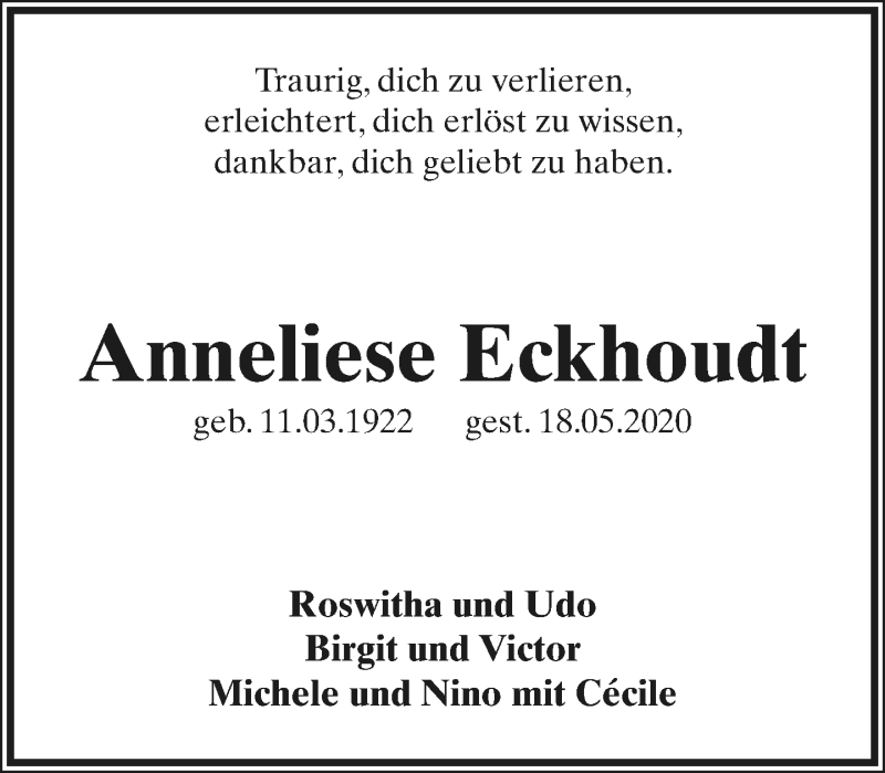  Traueranzeige für Anneliese Eckhoudt vom 23.05.2020 aus Lippische Landes-Zeitung