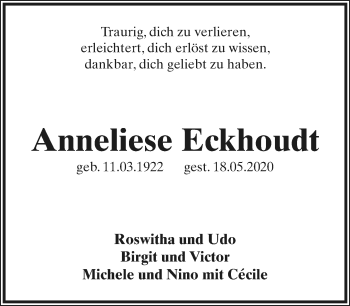 Anzeige  Anneliese Eckhoudt  Lippische Landes-Zeitung