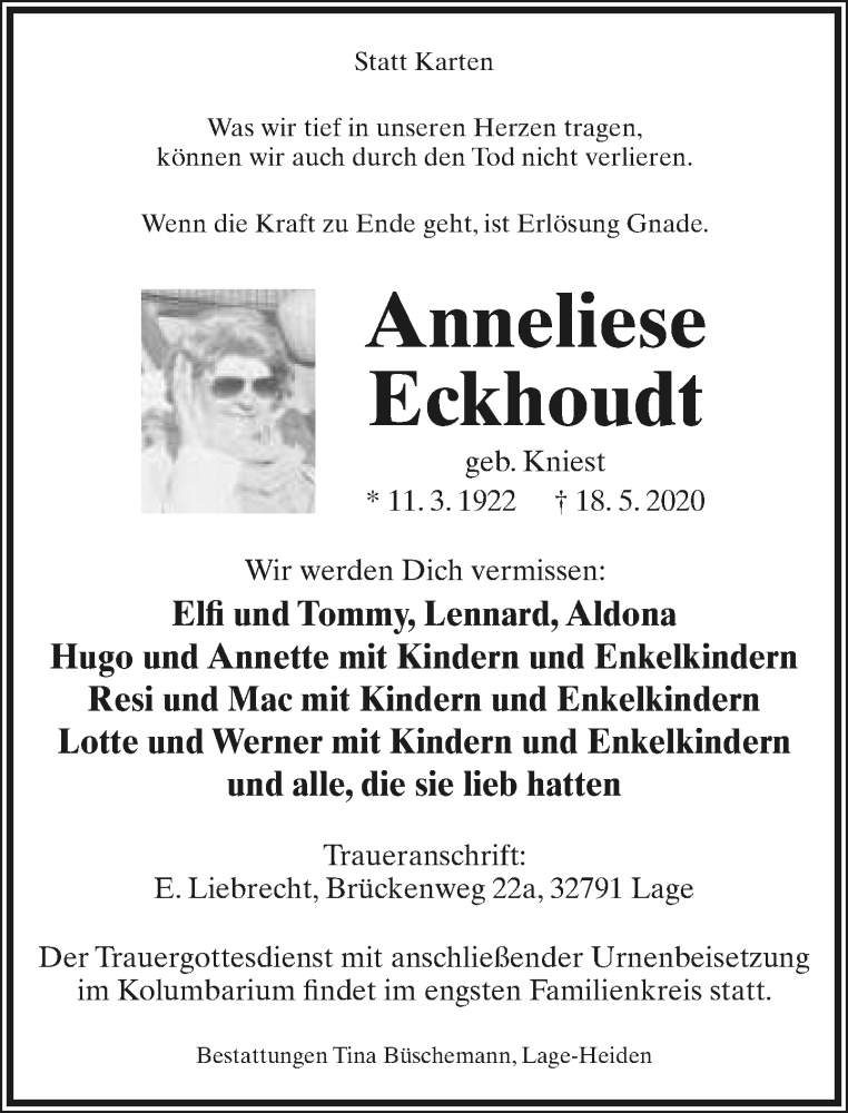  Traueranzeige für Anneliese Eckhoudt vom 23.05.2020 aus Lippische Landes-Zeitung