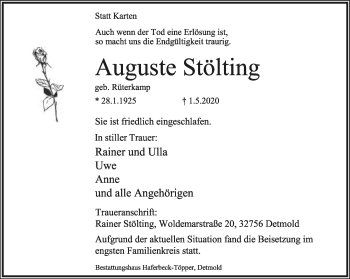Anzeige  Auguste Stölting  Lippische Landes-Zeitung