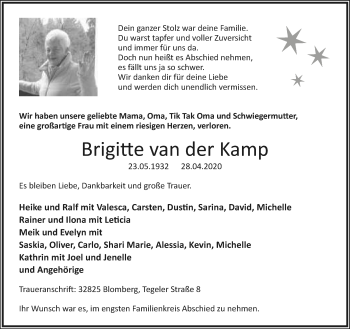 Anzeige  Brigitte van der Kamp  Lippische Landes-Zeitung