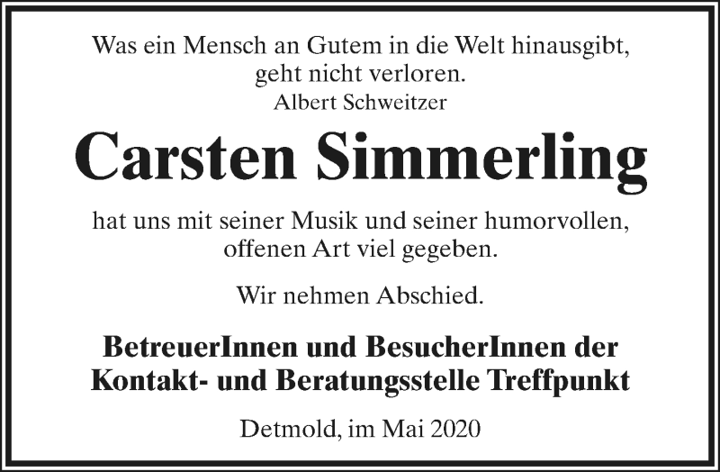  Traueranzeige für Carsten Simmerling vom 30.05.2020 aus Lippische Landes-Zeitung