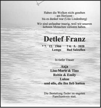 Anzeige  Detlef Franz  Lippische Landes-Zeitung
