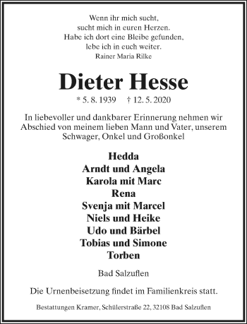 Anzeige  Dieter Hesse  Lippische Landes-Zeitung
