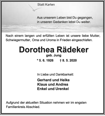 Anzeige  Dorothea Rädeker  Lippische Landes-Zeitung