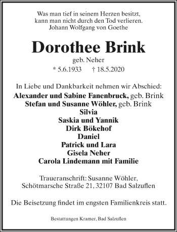 Anzeige  Dorothee Brink  Lippische Landes-Zeitung