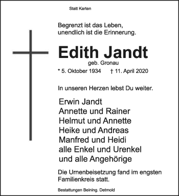 Anzeige  Edith Jandt  Lippische Landes-Zeitung