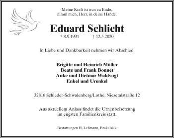 Anzeige  Eduard Schlicht  Lippische Landes-Zeitung