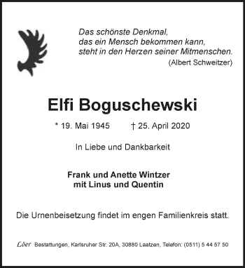 Anzeige  Elfi Boguschewski  Lippische Landes-Zeitung