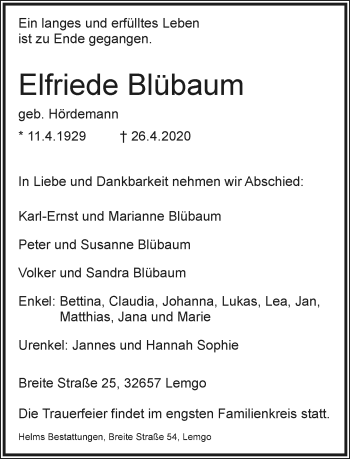 Anzeige  Elfriede Blübaum  Lippische Landes-Zeitung