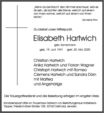 Anzeige  Elisabeth Hartwich  Lippische Landes-Zeitung