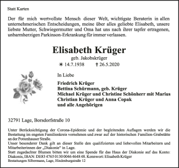 Anzeige  Elisabeth Krüger  Lippische Landes-Zeitung
