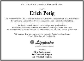 Anzeige  Erich Petig  Lippische Landes-Zeitung