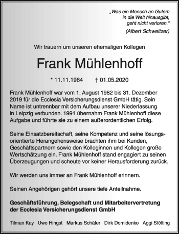 Anzeige  Frank Mühlenhoff  Lippische Landes-Zeitung
