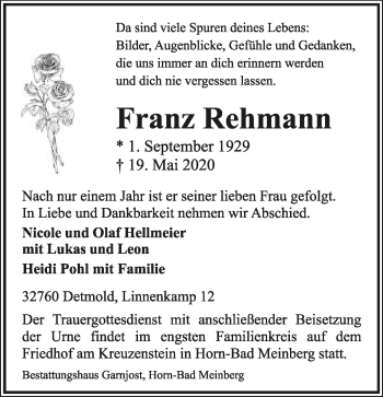 Anzeige  Franz Rehmann  Lippische Landes-Zeitung