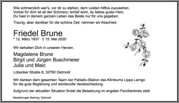 Anzeige  Friedel Brune  Lippische Landes-Zeitung