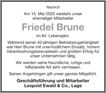 Anzeige  Friedel Brune  Lippische Landes-Zeitung
