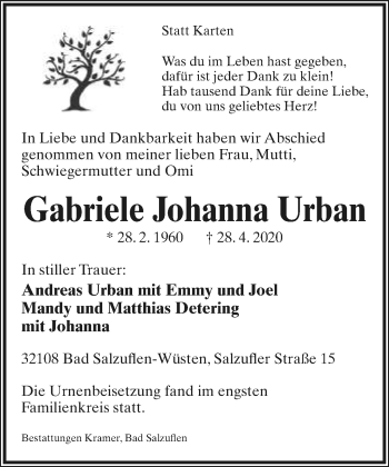 Anzeige  Gabriele Johanna Urban  Lippische Landes-Zeitung