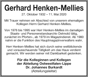 Anzeige  Gerhard Henken-Mellies  Lippische Landes-Zeitung