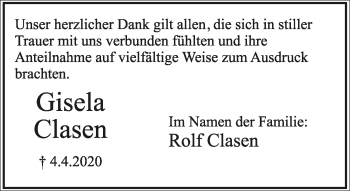 Anzeige  Gisela Clasen  Lippische Landes-Zeitung