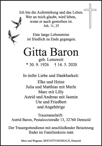 Anzeige  Gitta Baron  Lippische Landes-Zeitung
