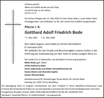 Anzeige  Gotthard Adolf Friedrich Bode  Lippische Landes-Zeitung