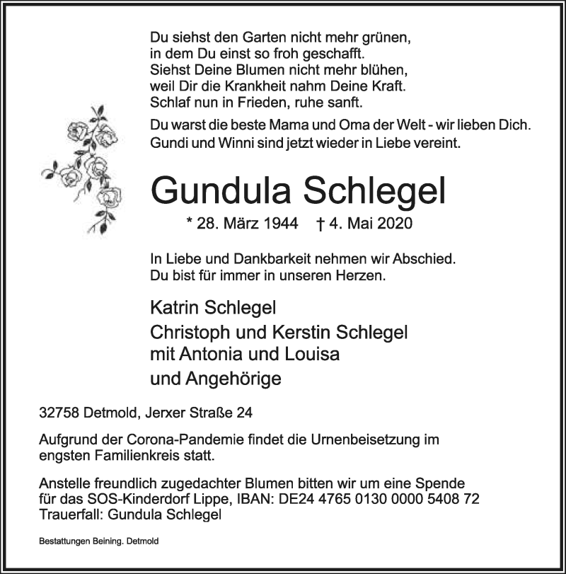  Traueranzeige für Gundula Schlegel vom 16.05.2020 aus Lippische Landes-Zeitung