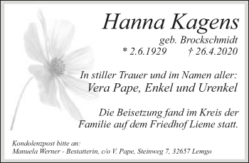 Anzeige  Hanna Kagens  Lippische Landes-Zeitung