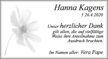 Anzeige  Hanna Kagens  Lippische Landes-Zeitung