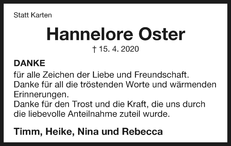  Traueranzeige für Hannelore Oster vom 23.05.2020 aus Lippische Landes-Zeitung