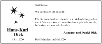 Anzeige  Hans-Karl Dick  Lippische Landes-Zeitung