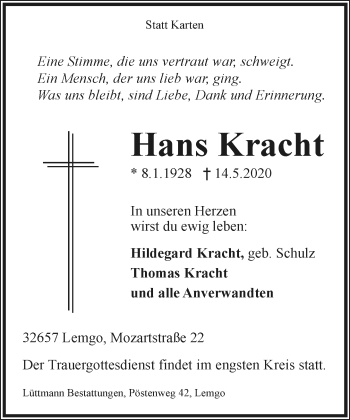 Anzeige  Hans Kracht  Lippische Landes-Zeitung