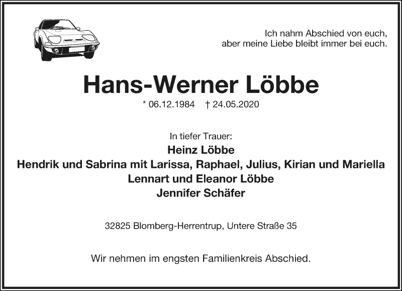  Traueranzeige für Hans-Werner Löbbe vom 30.05.2020 aus Lippische Landes-Zeitung