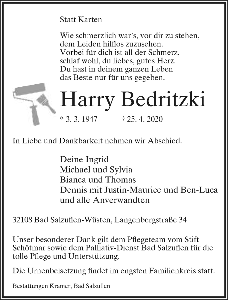  Traueranzeige für Harry Bedritzki vom 01.05.2020 aus Lippische Landes-Zeitung