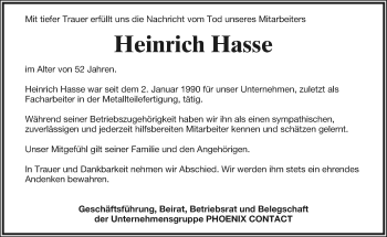 Anzeige  Heiner Hasse  Lippische Landes-Zeitung