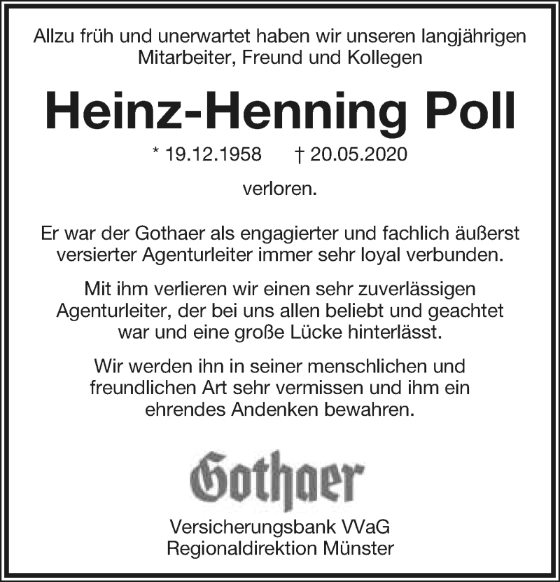  Traueranzeige für Heinz-Henning Poll vom 30.05.2020 aus Lippische Landes-Zeitung