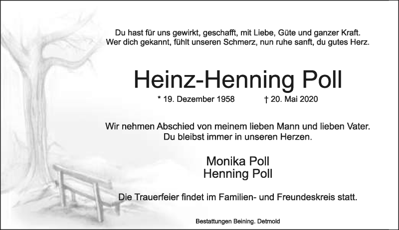  Traueranzeige für Heinz-Henning Poll vom 30.05.2020 aus Lippische Landes-Zeitung