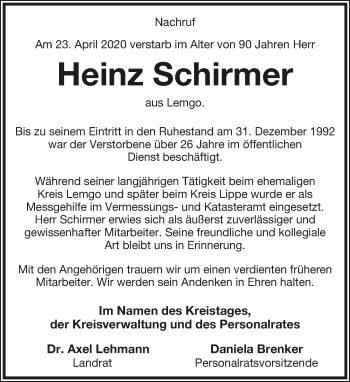 Anzeige  Heinz Schirmer  Lippische Landes-Zeitung