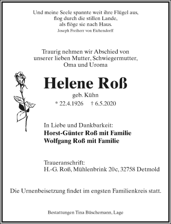 Anzeige  Helene Roß  Lippische Landes-Zeitung