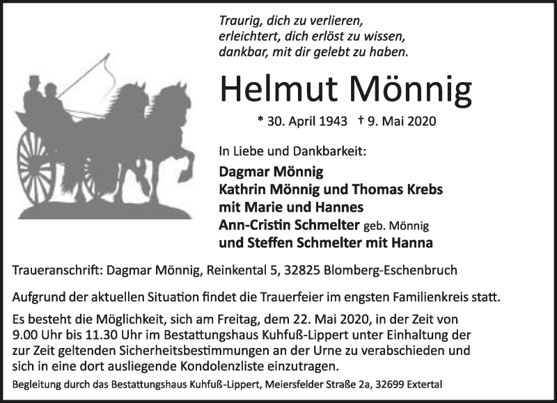  Traueranzeige für Helmut Mönnig vom 16.05.2020 aus Lippische Landes-Zeitung