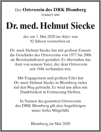 Anzeige  Helmut Siecke  Lippische Landes-Zeitung