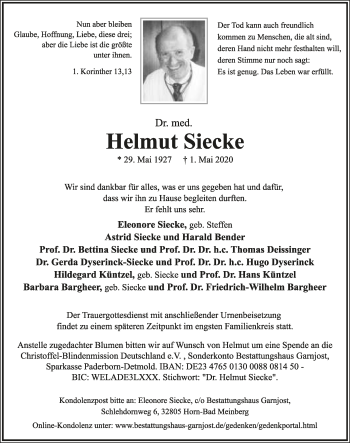 Anzeige  Helmut Siecke  Lippische Landes-Zeitung