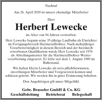 Anzeige  Herbert Lewecke  Lippische Landes-Zeitung