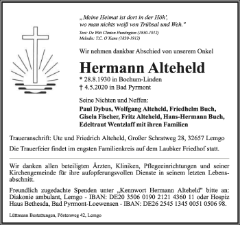 Anzeige  Hermann Alteheld  Lippische Landes-Zeitung
