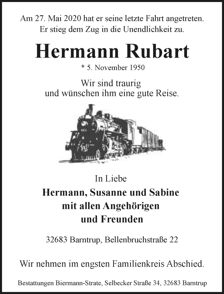  Traueranzeige für Hermann Rubart vom 30.05.2020 aus Lippische Landes-Zeitung