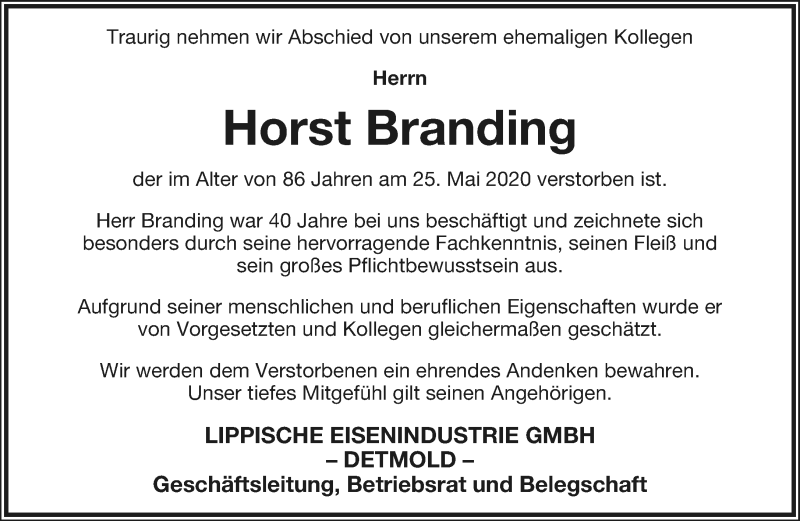  Traueranzeige für Horst Branding vom 30.05.2020 aus Lippische Landes-Zeitung