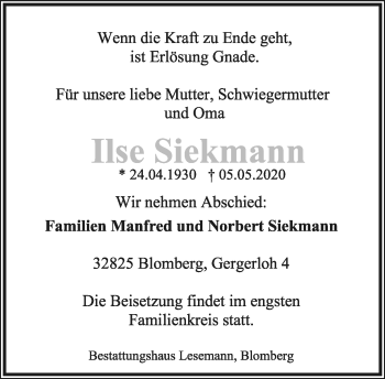 Anzeige  Ilse Siekmann  Lippische Landes-Zeitung
