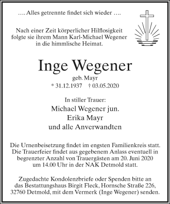 Anzeige  Inge Wegener  Lippische Landes-Zeitung