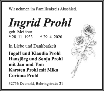 Anzeige  Ingrid Prohl  Lippische Landes-Zeitung